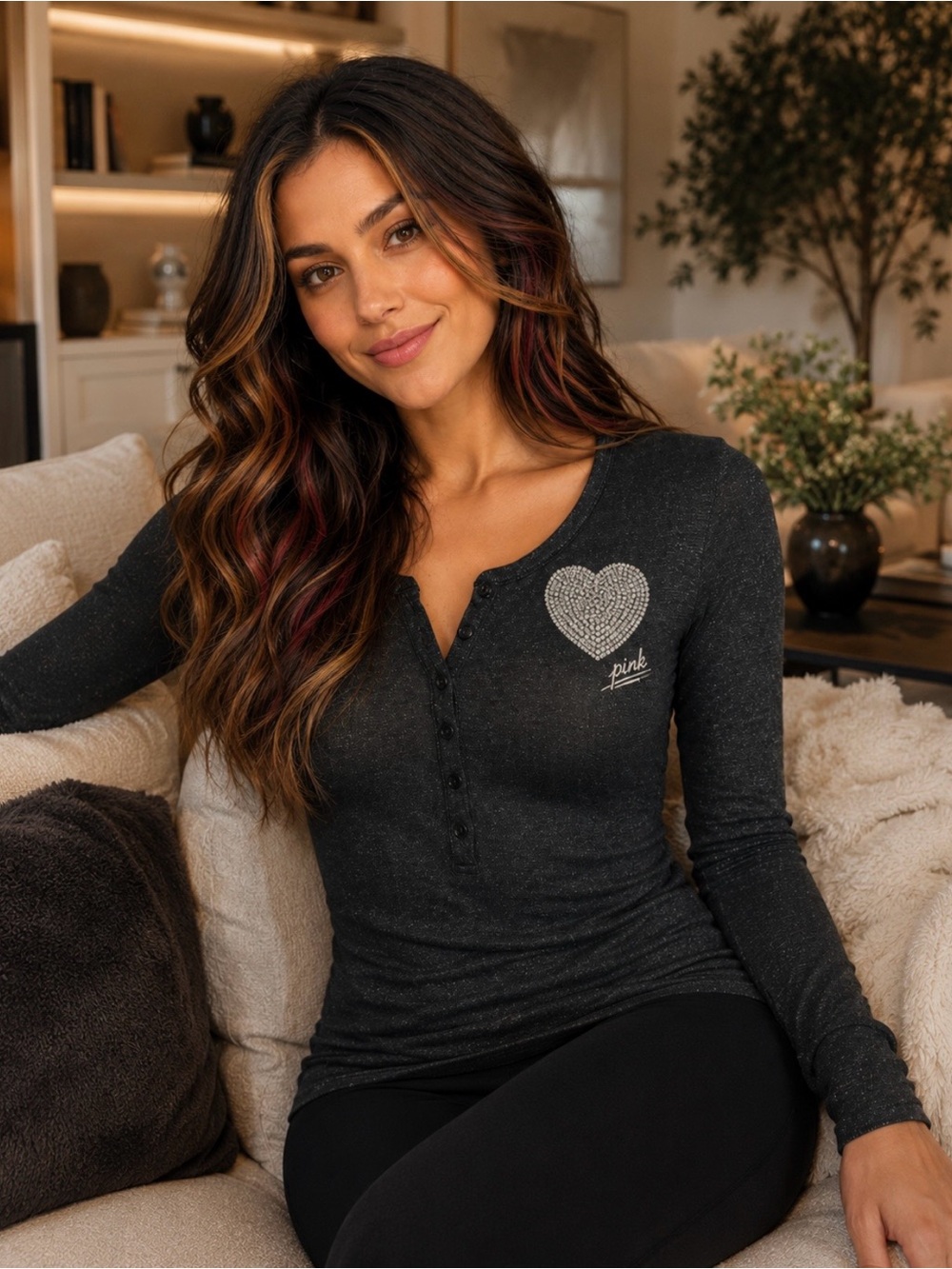🖤🩶 Victoria's Secret PINK Black Long-Sleeve Henley Rhinestone Heart Logo Top 🩶🖤